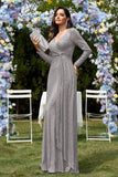 Glitter Royal Blue Beads V Neck Long Sleeves Pleated Sheath Mother of the Bride Dress