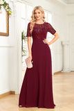 Black Chiffon Half Sleeves Round Neck Appliques A Line Mother of the Bride Dress