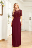 Black Chiffon Half Sleeves Round Neck Appliques A Line Mother of the Bride Dress