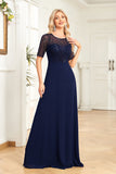 Black Chiffon Half Sleeves Round Neck Appliques A Line Mother of the Bride Dress