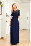 Black Chiffon Half Sleeves Round Neck Appliques A Line Mother of the Bride Dress