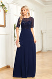 Black Chiffon Half Sleeves Round Neck Appliques A Line Mother of the Bride Dress