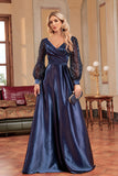 Navy Sequin Long Sleeves A Line Mother Of The Bride Dress