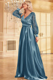 Navy Sequin Long Sleeves A Line Mother Of The Bride Dress