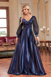 Navy Sequin Long Sleeves A Line Mother Of The Bride Dress