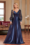 Navy Sequin Long Sleeves A Line Mother Of The Bride Dress