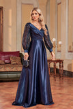 Navy Sequin Long Sleeves A Line Mother Of The Bride Dress