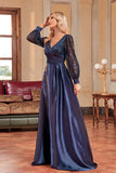 Navy Sequin Long Sleeves A Line Mother Of The Bride Dress