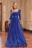 Royal Blue A Line Sequin Square Neck Long Mother Of The Bride Dress