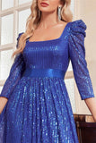 Royal Blue A Line Sequin Square Neck Long Mother Of The Bride Dress