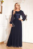 Navy Sequin Long Sleeves A Line Tulle Long Mother Of The Bride Dress