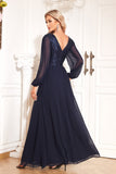 Navy Sequin Long Sleeves A Line Tulle Long Mother Of The Bride Dress