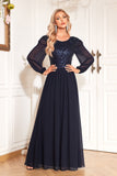 Navy Sequin Long Sleeves A Line Tulle Long Mother Of The Bride Dress