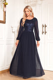 Navy Sequin Long Sleeves A Line Tulle Long Mother Of The Bride Dress