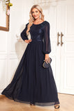 Navy Sequin Long Sleeves A Line Tulle Long Mother Of The Bride Dress