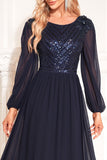 Navy Sequin Long Sleeves A Line Tulle Long Mother Of The Bride Dress