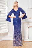 Sparkly Royal Blue V-Neck Mother Of Bride Dress with Long Sleeves