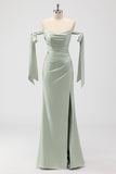 Sage Green Off The Shoulder Mermaid Ruched Long Bridesmaid Dress