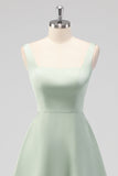 Sage Green A-Line Square Neck Satin Midi Bridesmaid Dress