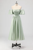 Sage Green A-Line Off the Shoulder Satin Tea Length Bridesmaid Dress