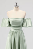 Sage Green A-Line Off the Shoulder Satin Tea Length Bridesmaid Dress