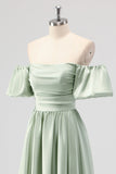 Sage Green A-Line Off the Shoulder Satin Tea Length Bridesmaid Dress