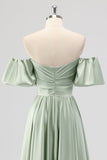 Sage Green A-Line Off the Shoulder Satin Tea Length Bridesmaid Dress