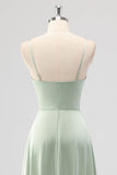 Sage Green A-Line Satin Spaghetti Straps Long Bridesmaid Dress