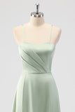 Sage Green A-Line Satin Spaghetti Straps Long Bridesmaid Dress