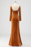 Brown Sheath Square Neck Velvet Long Sleeves Long Bridesmaid Dress