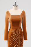 Brown Sheath Square Neck Velvet Long Sleeves Long Bridesmaid Dress