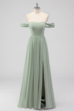 Sage Green A-Line Off the Shoulder Chiffon Long Bridesmaid Dress