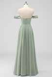 Sage Green A-Line Off the Shoulder Chiffon Long Bridesmaid Dress