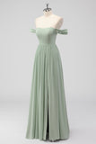 Sage Green A-Line Off the Shoulder Chiffon Long Bridesmaid Dress