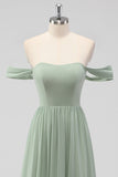 Sage Green A-Line Off the Shoulder Chiffon Long Bridesmaid Dress