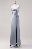 Simple Sheath Grey Blue Satin Bridesmaid Dress with Slit