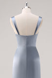 Simple Sheath Grey Blue Satin Bridesmaid Dress with Slit