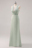 Sage Green Satin Deep V-Neck Backless Long Bridesmaid Dress