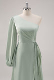 Sage Green A Line One Shoulder Bridesmaid Dress with Slit