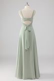 Chiffon V-Neck Sage Green A Line Bridesmaid Dress with Slit