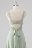 Chiffon V-Neck Sage Green A Line Bridesmaid Dress with Slit