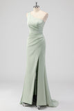 Sage Green One Shoulder Sheath Satin Long Bridesmaid Dress