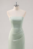 Simple Mermaid Satin Strapless Sage Green Bridesmaid Dress with Slit