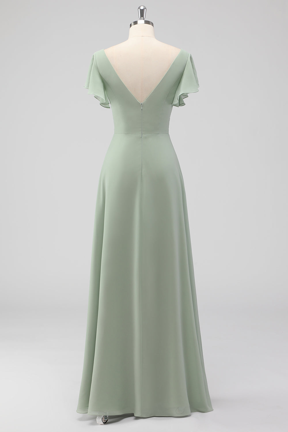 sage green bridesmaid dresses nz Sage Green Chiffon Ruffle Sleeve V-Neck Slit Maxi Bridesmaid Dress NZ Bridal