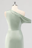 Sage Green One Shoulder Satin Ruched Sheath Long Bridesmaid Dress