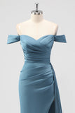 Dusty Blue Mermaid Off the Shoulder Satin Long Bridesmaid Dress with Slit