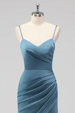 Dusty Blue Spaghetti Straps Mermaid Satin Long Bridesmaid Dress with Slit