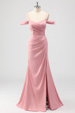 Blush Sheath Cold Shoulder Satin Long Bridesmaid Dress