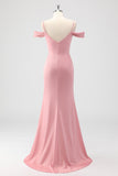 Blush Sheath Cold Shoulder Satin Long Bridesmaid Dress