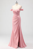 Blush Sheath Cold Shoulder Satin Long Bridesmaid Dress